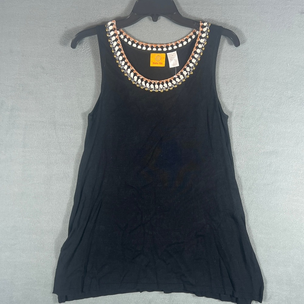 Ruby Rd Womens Tank Top XS Black Solid Boho Crochet Neck Sleeveless 3165